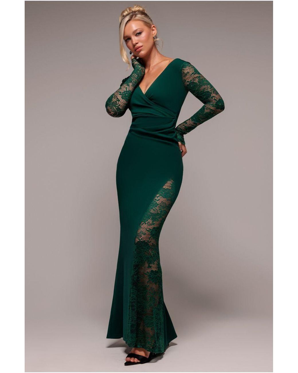 Goddiva Blue Scuba & Lace Wrap Maxi Dress