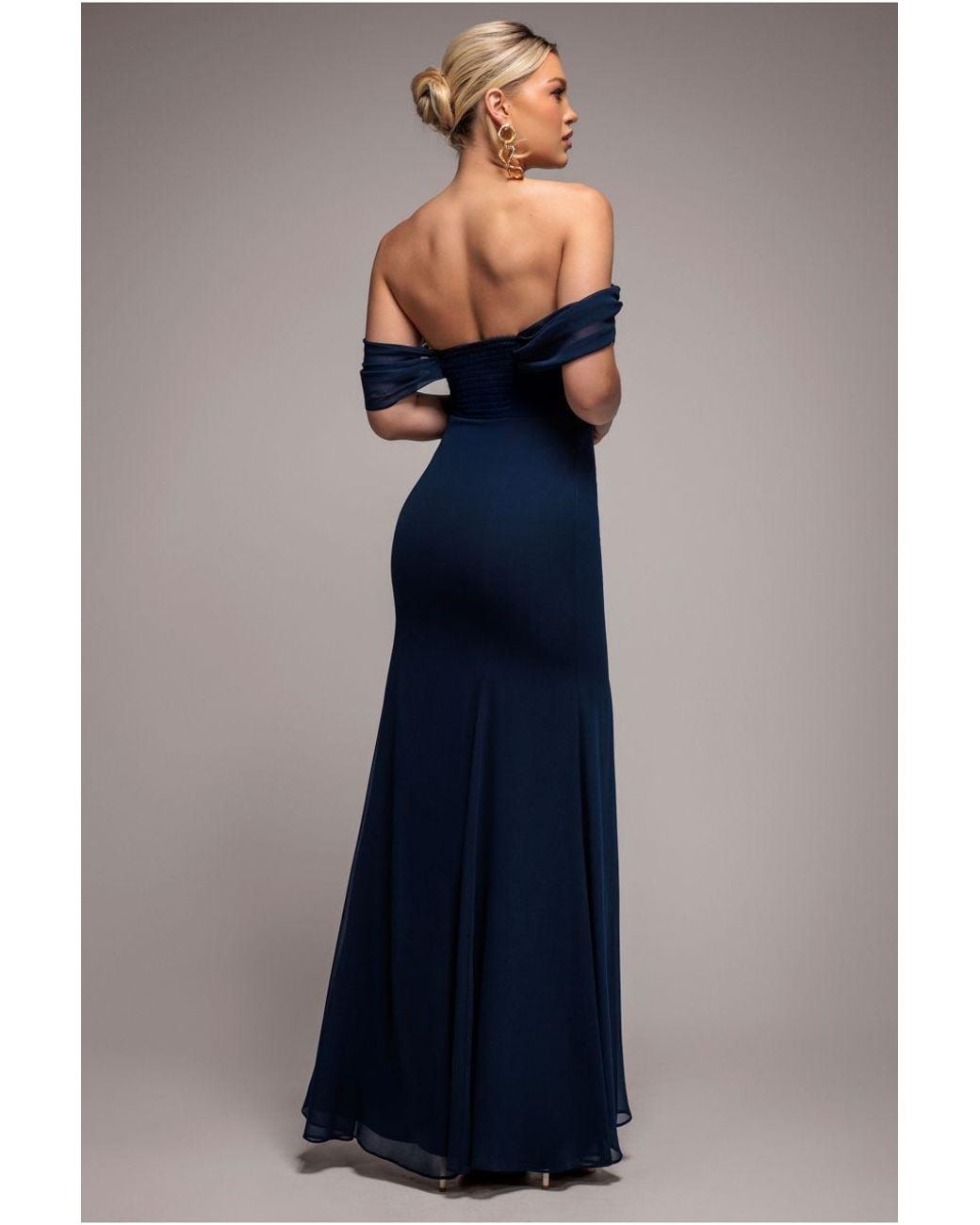 Goddiva Blue Chiffon Bardot Cowl Neck Maxi Dress