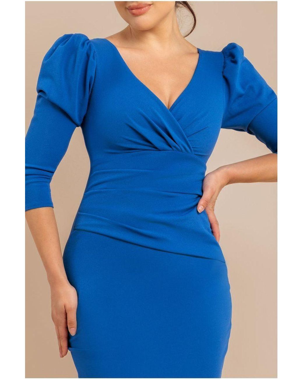 Goddiva Blue Front Wrap Pleated Scuba Midi Dress