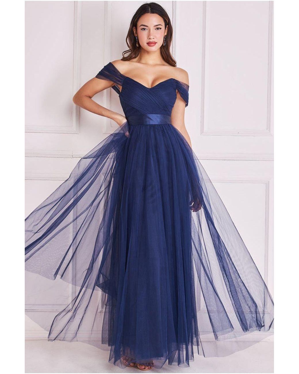 Goddiva Blue Off The Shoulder Princess Maxi Dress