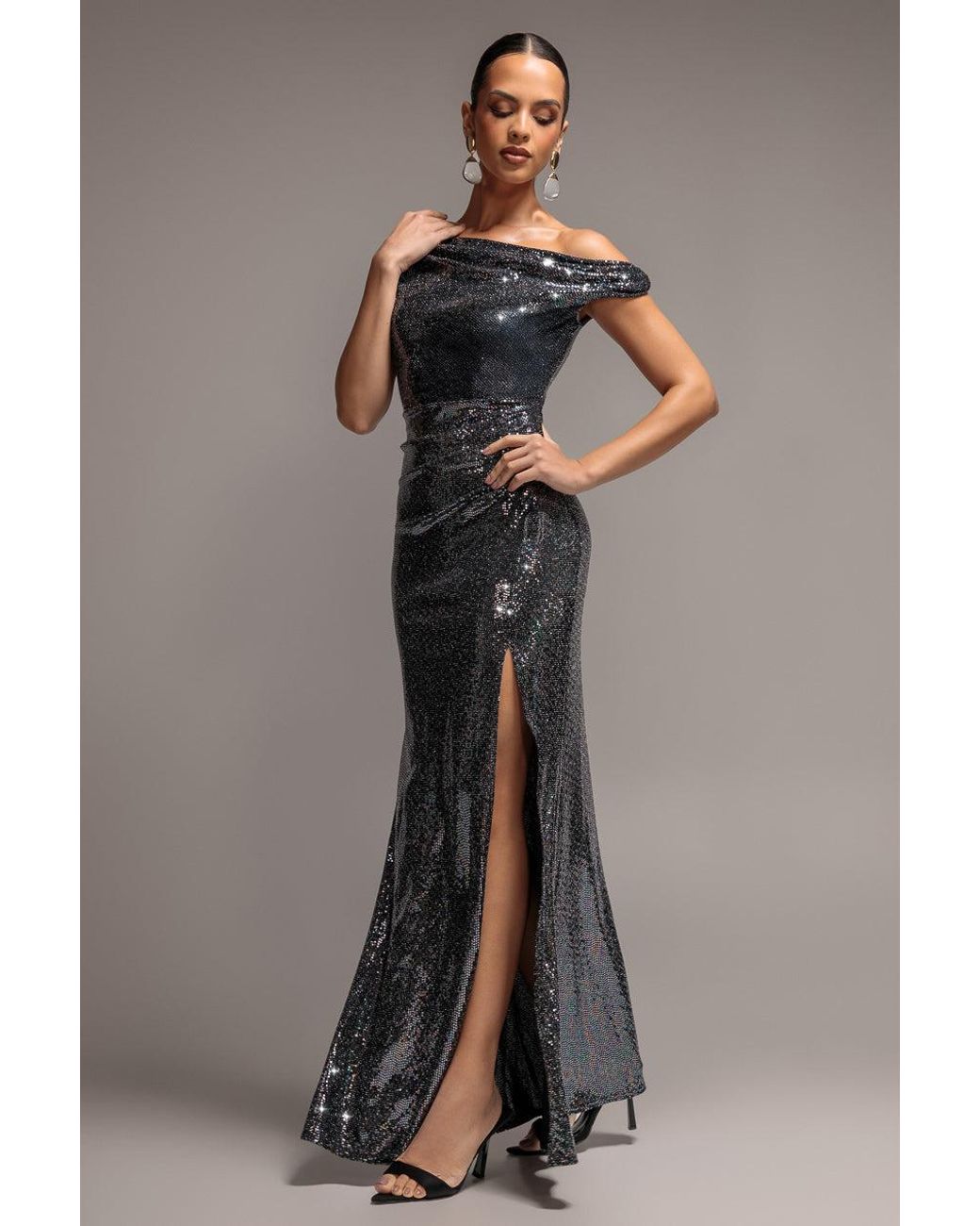 Goddiva Gray Asymmetric One Shoulder Front Split Sequin Maxi Dress