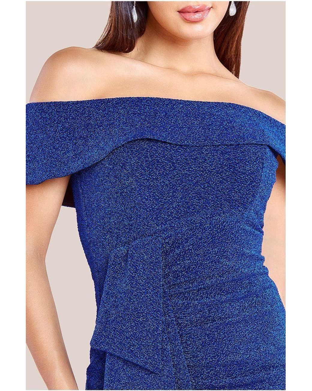 Goddiva Blue Sparkling Bardot Midi With Waterfall Ruffle