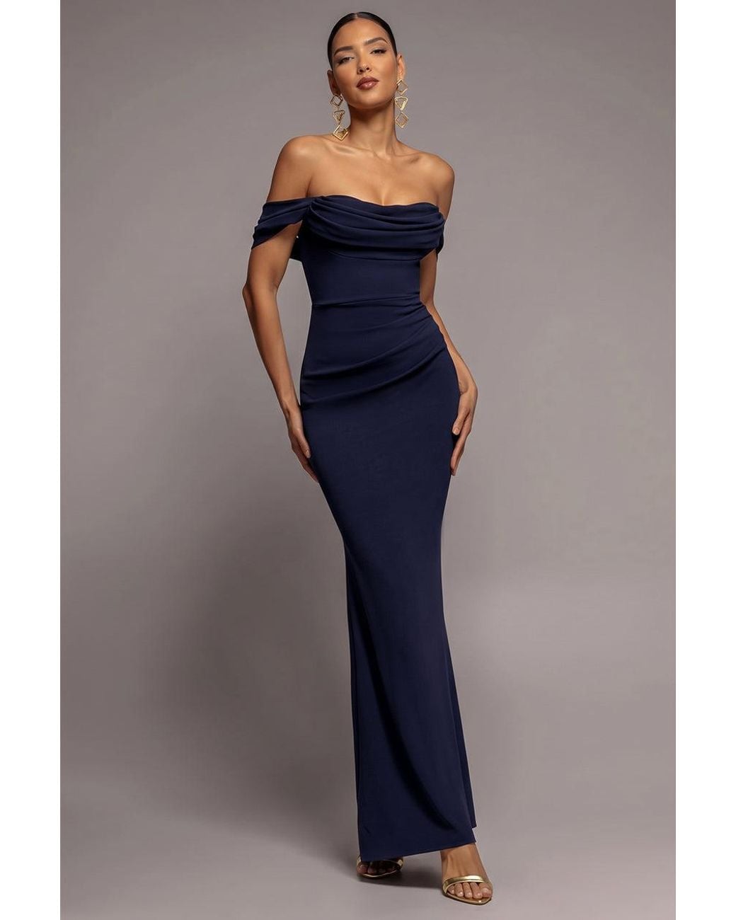 Goddiva Blue Off The Shoulder Cowl Neck Maxi Dress
