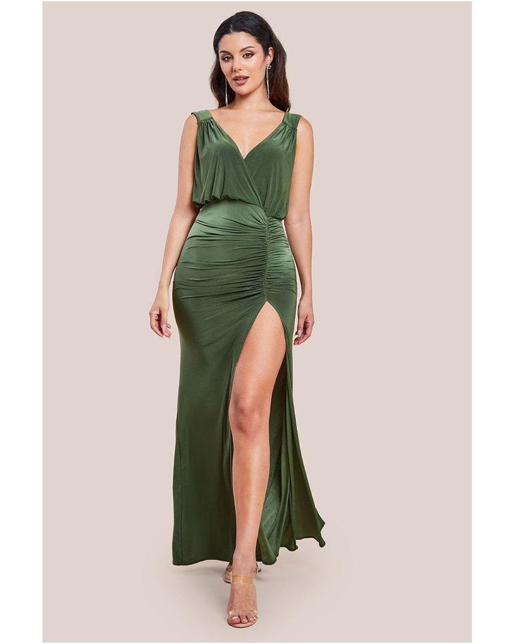 Goddiva Green Front Wrap Gathered Maxi Dress