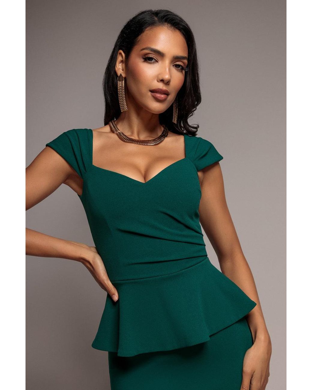 Goddiva Green Cap Sleeve Sweetheart Peplum Scuba Maxi Dress