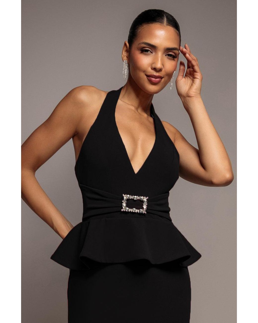 Goddiva Black Peplum Halter Neck Maxi Dress With Diamante Buckle