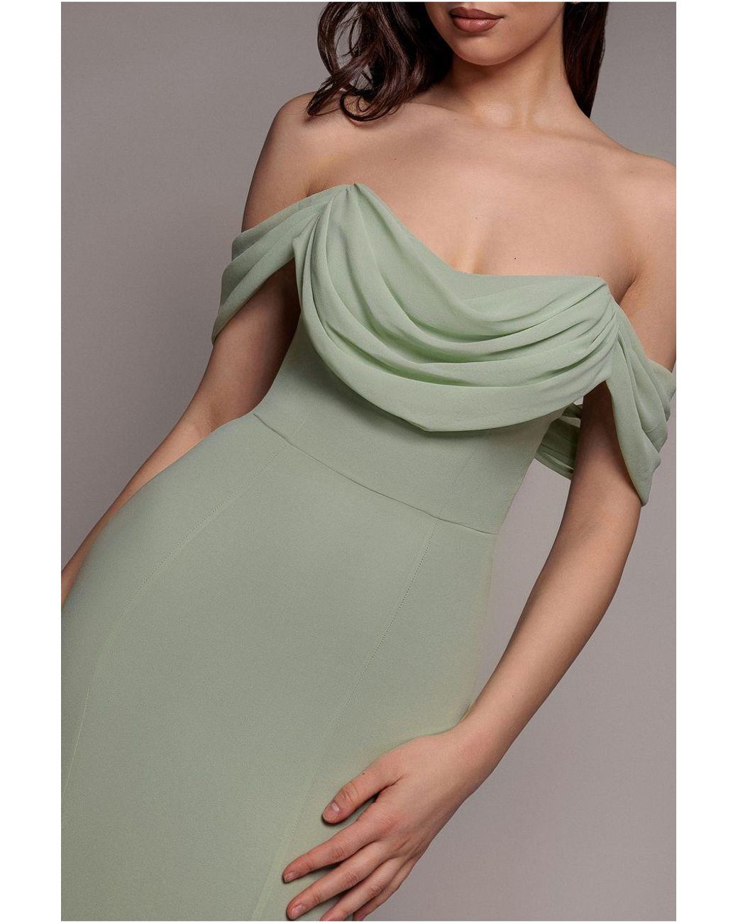 Goddiva Green Chiffon Bardot Cowl Neck Maxi Dress