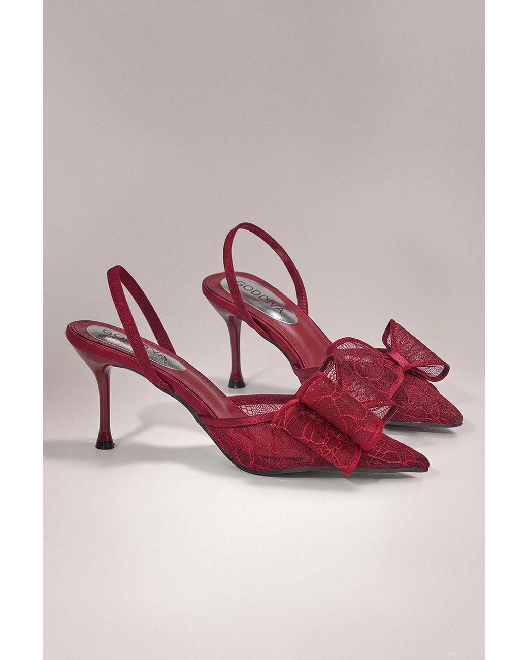 Goddiva Red Pointed Toe Lace Bow Stiletto Slingback Heels
