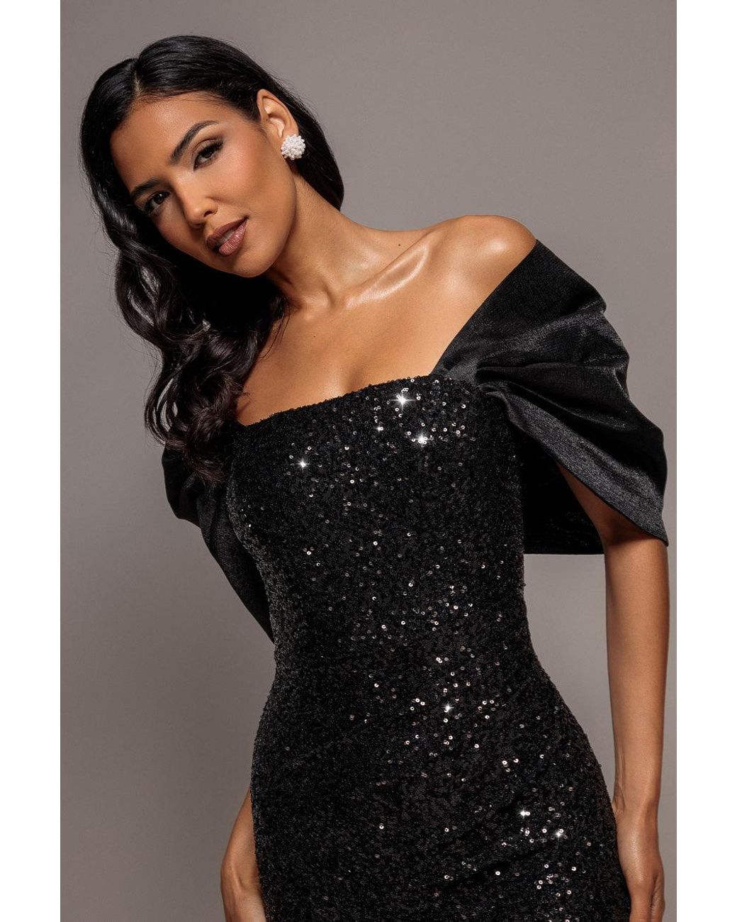 Goddiva Gray Satin Bow Back Off The Shoulder Sequin Maxi Dress