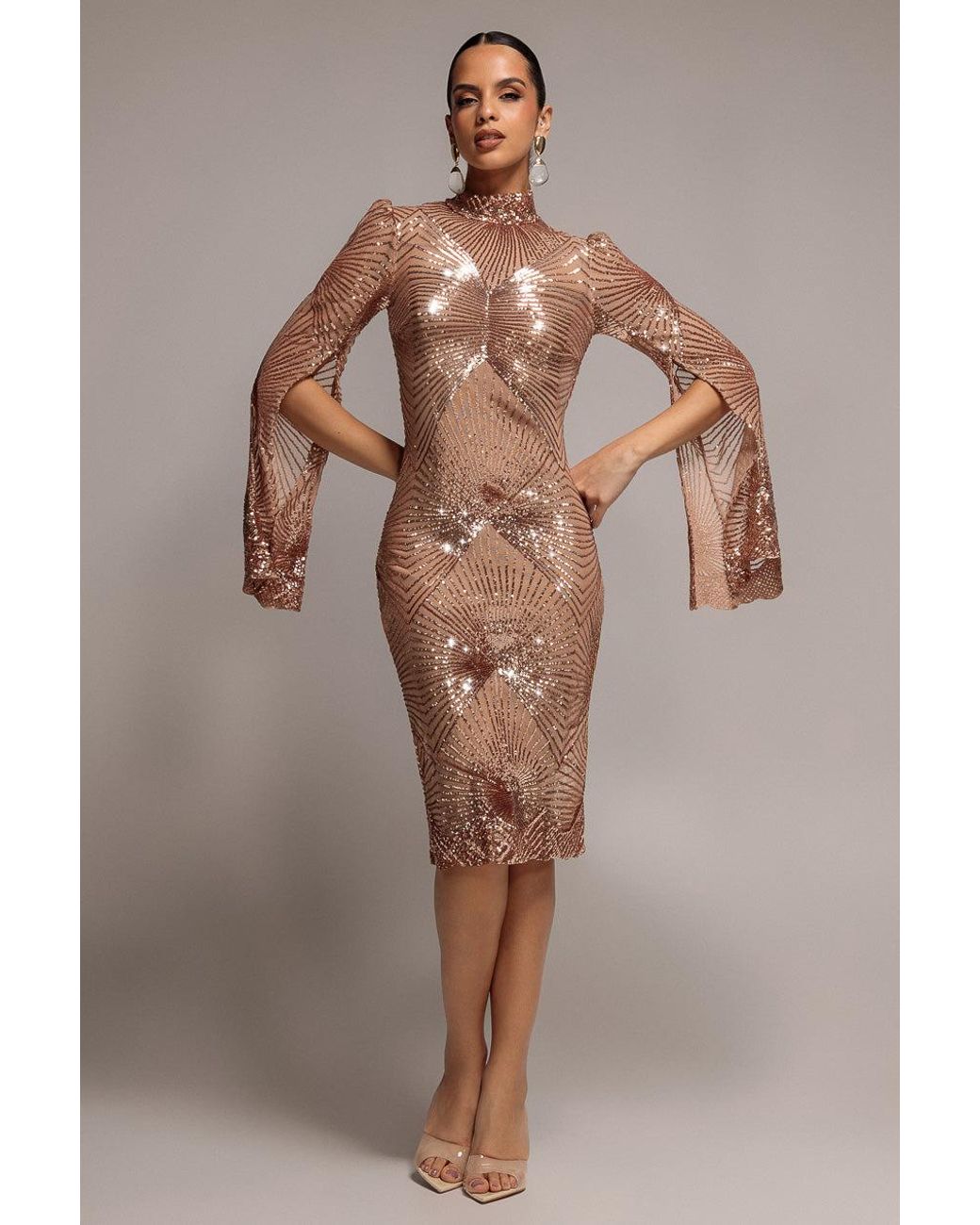 Goddiva Green Sequin Starburst Cape Sleeve Midi Dress