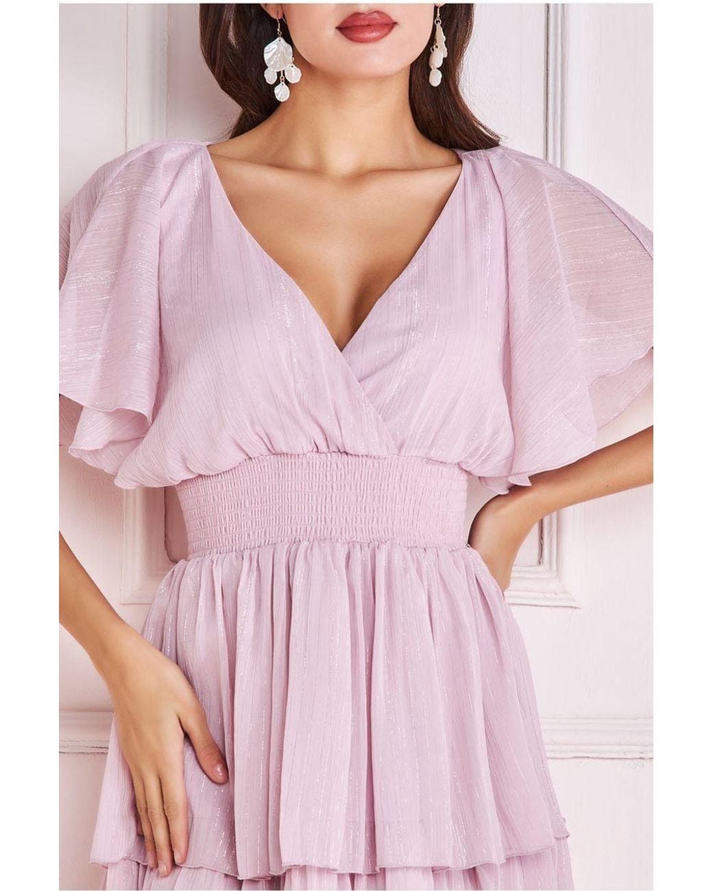 Goddiva Pink Plain Lurex Chiffon Tiered Dress