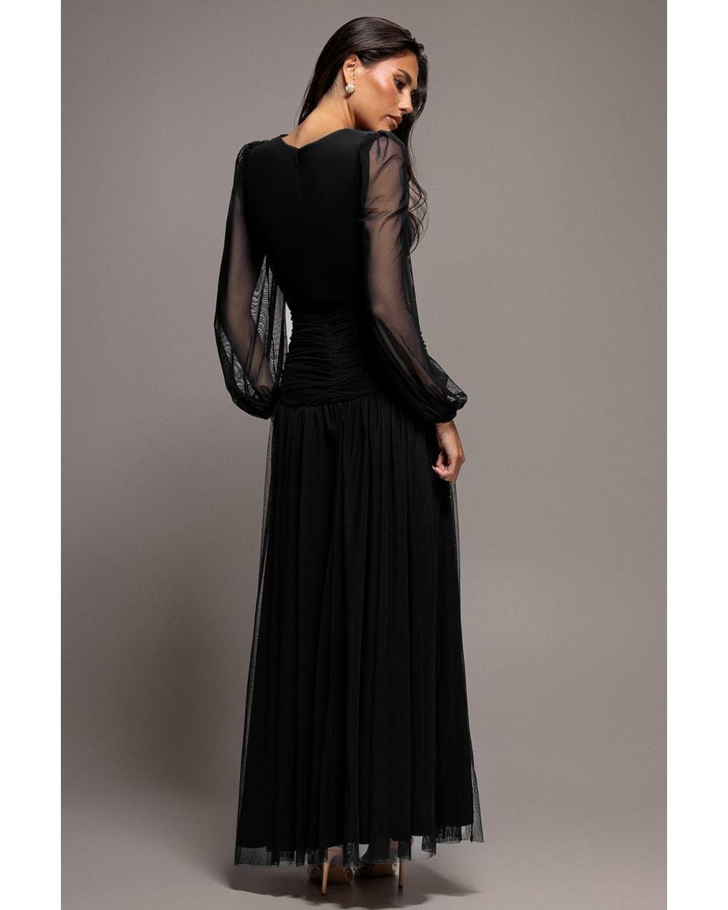 Goddiva Black Gathered Long Balloon Sleeve A-Line Mesh Maxi Dress