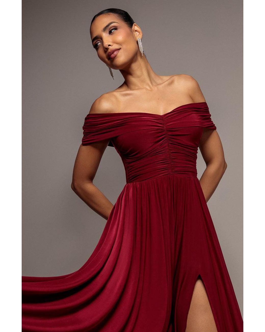 Goddiva Gathered Bardot Maxi Dress With Front Split