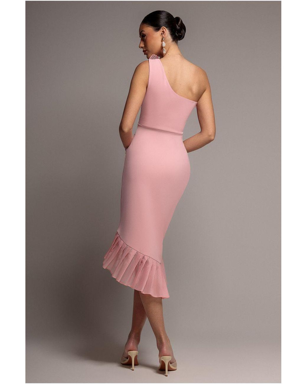 Goddiva Pink One Shoulder Pleated Fan Midi Dress