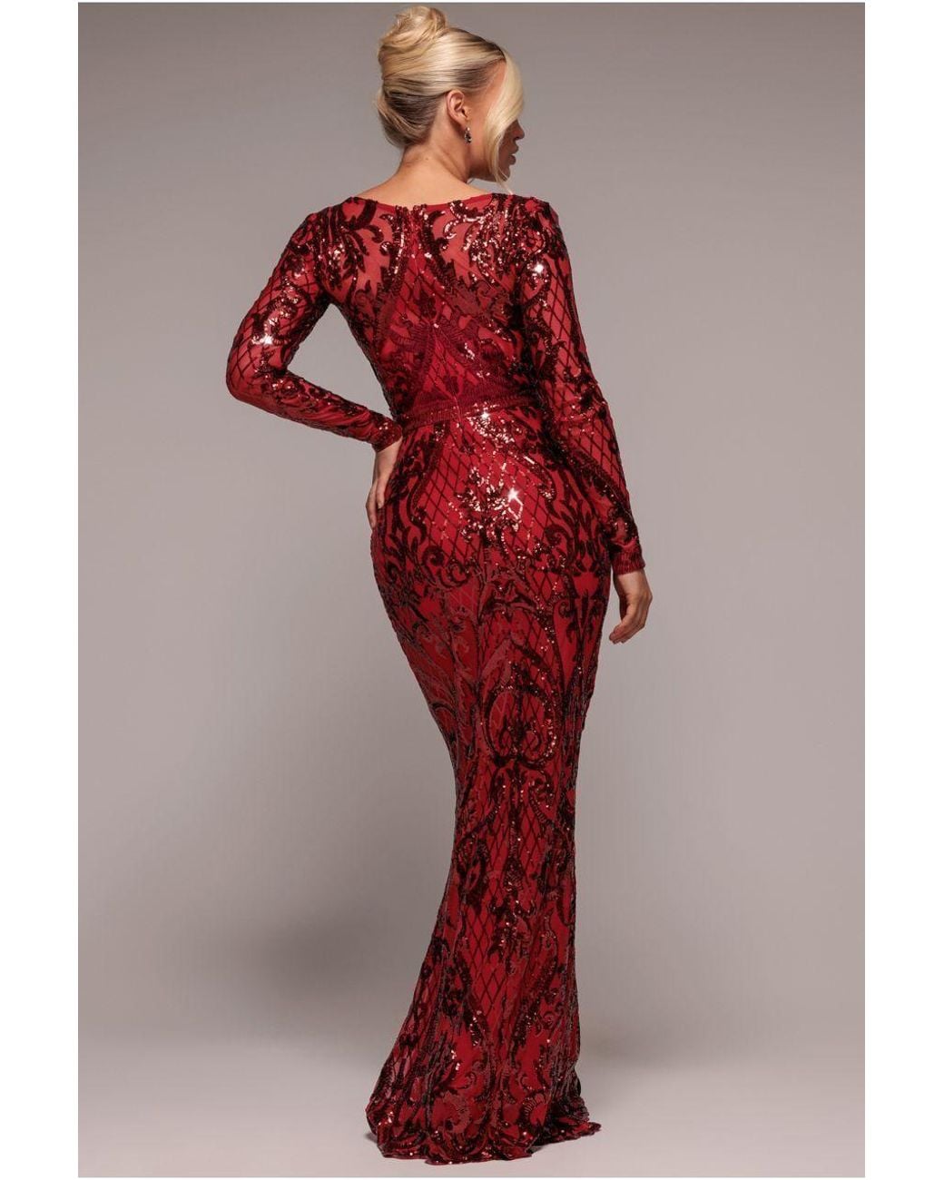 Goddiva Red Sequin Square Neck Maxi With Scallop Hem