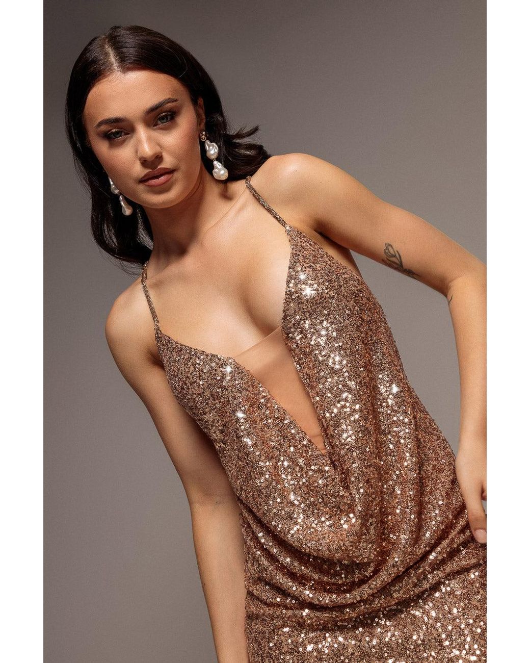 Goddiva Brown Plunge Cowl Criss Cross Back Sequin Maxi Dress
