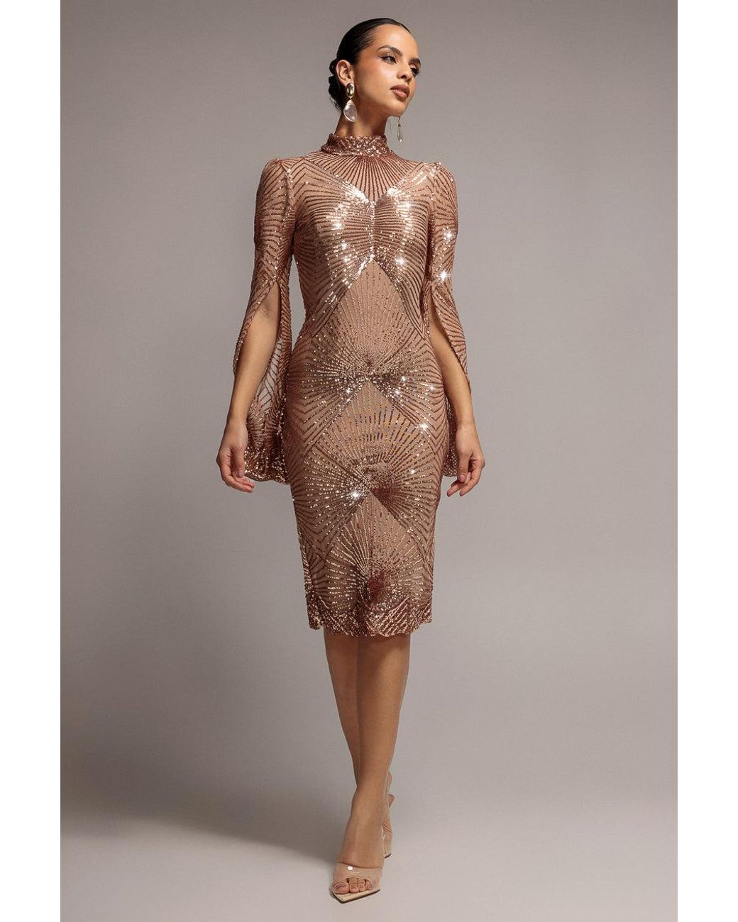 Goddiva Green Sequin Starburst Cape Sleeve Midi Dress