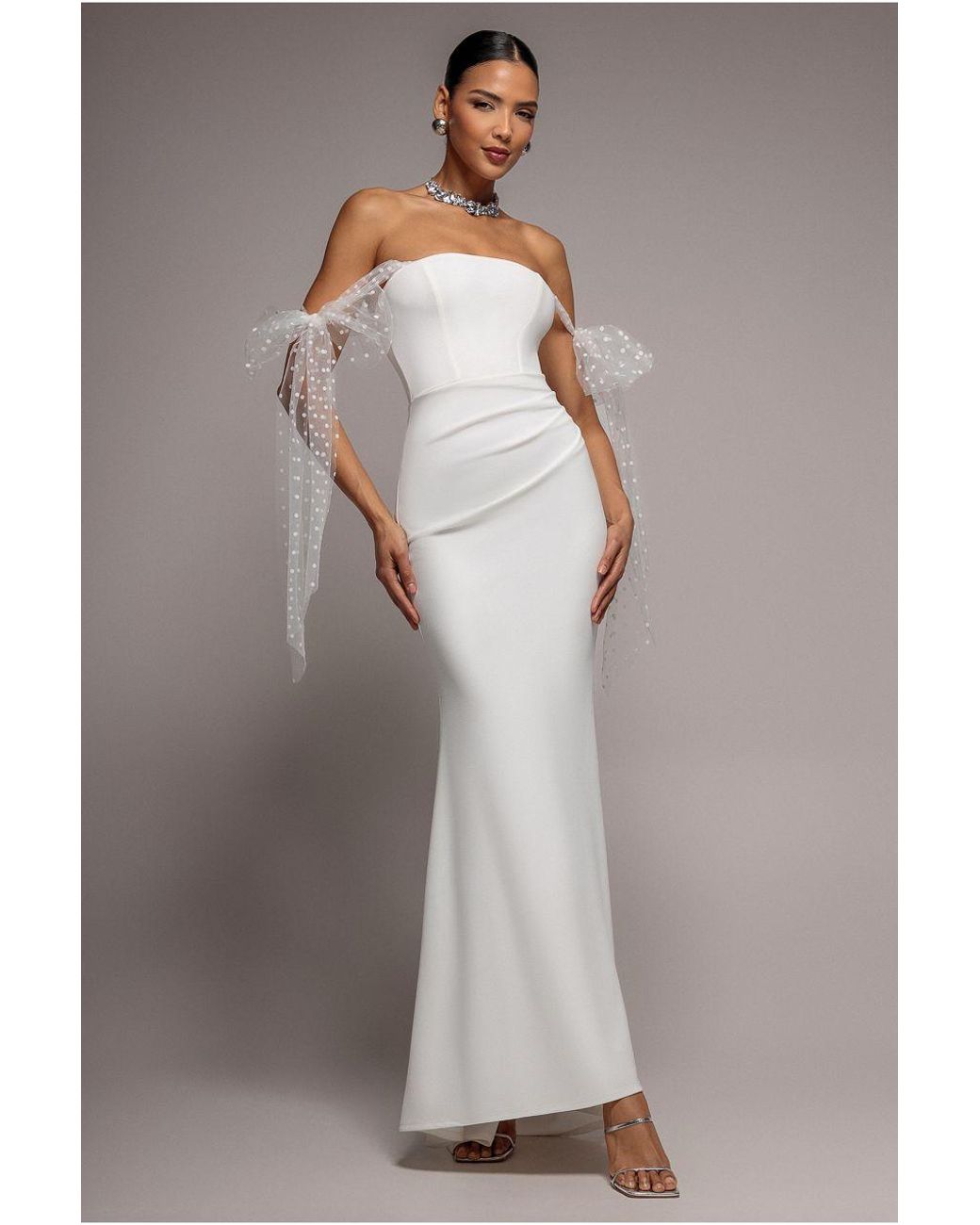 Goddiva Gray Scuba & Polka Mesh Bella Bow Multiway Maxi Dress