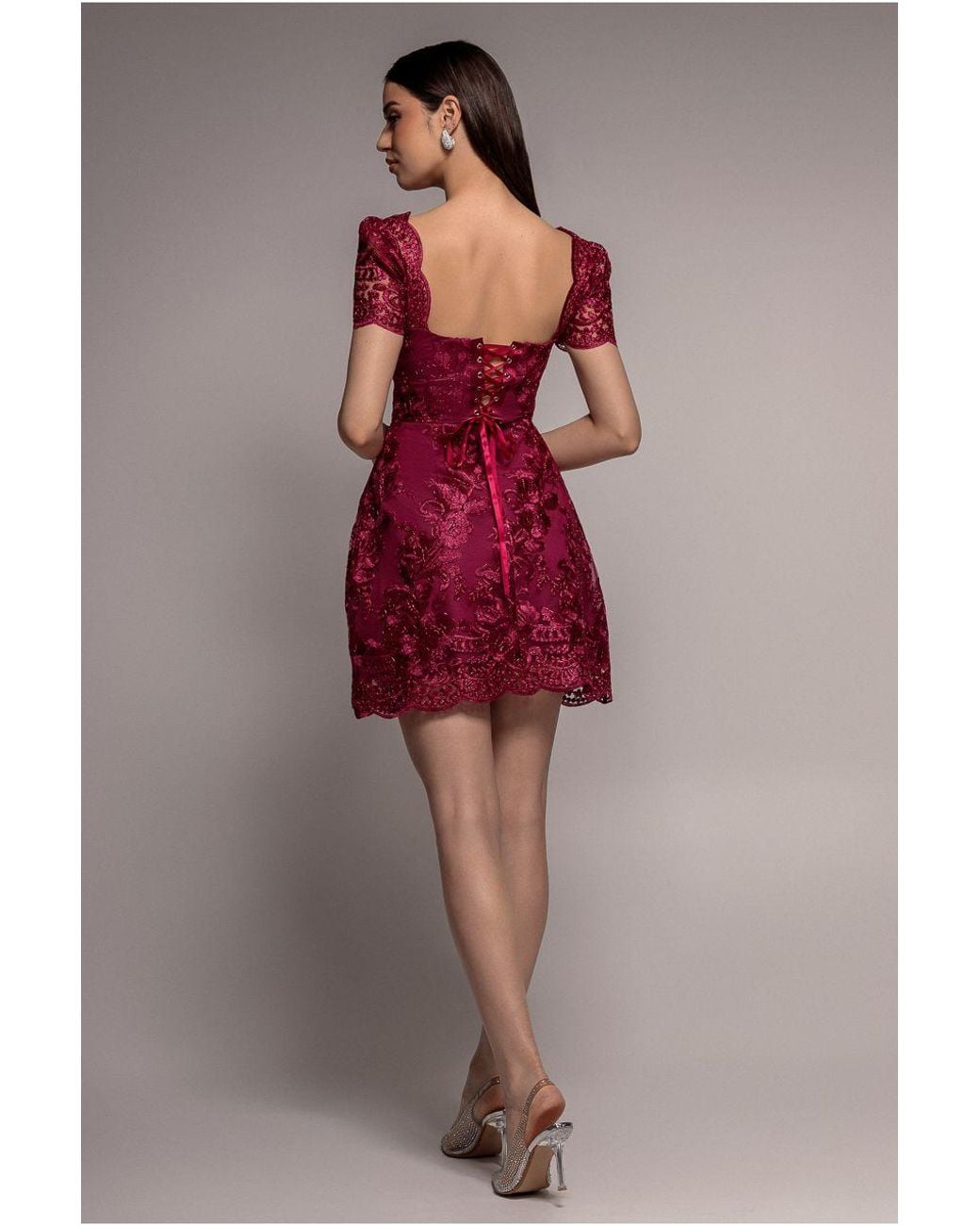 Goddiva Scallop Edge Corset Back Structured Lace Mini Dress | Lyst