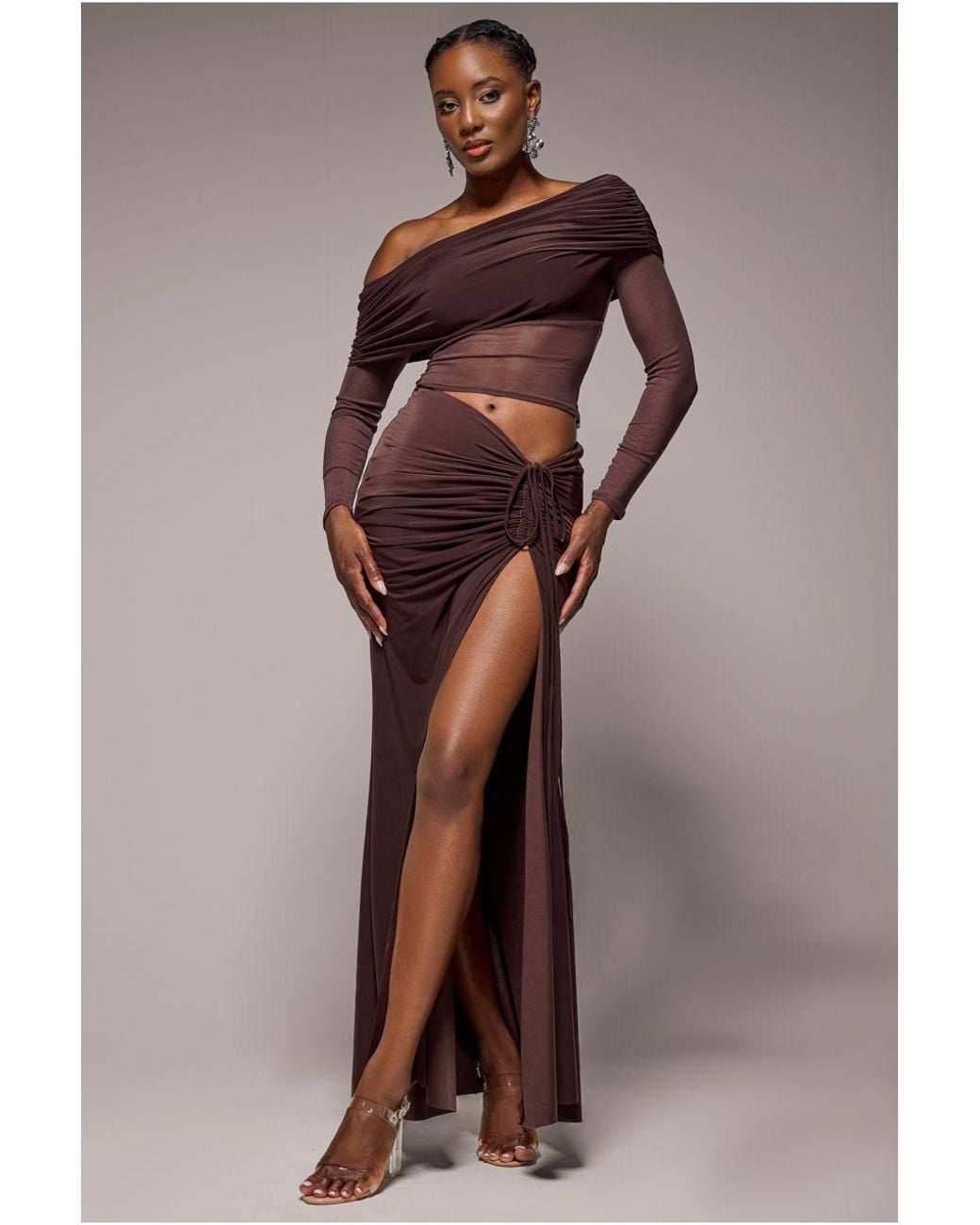 Goddiva Brown Super Split Front Drawstring Maxi Skirt