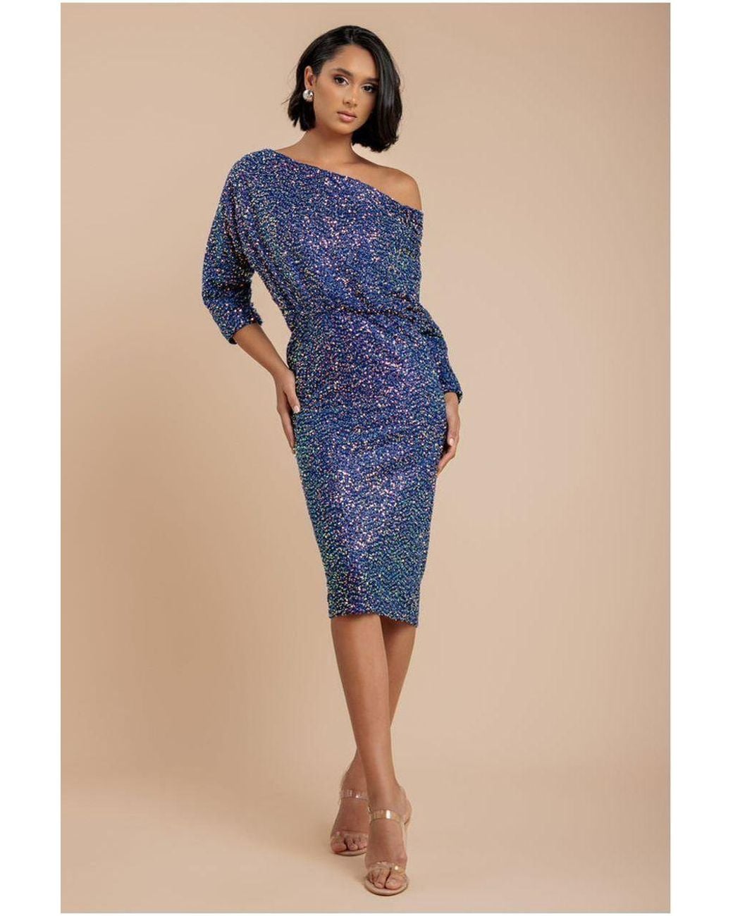 Goddiva Blue Sequin Cowl Neck Midi Dress
