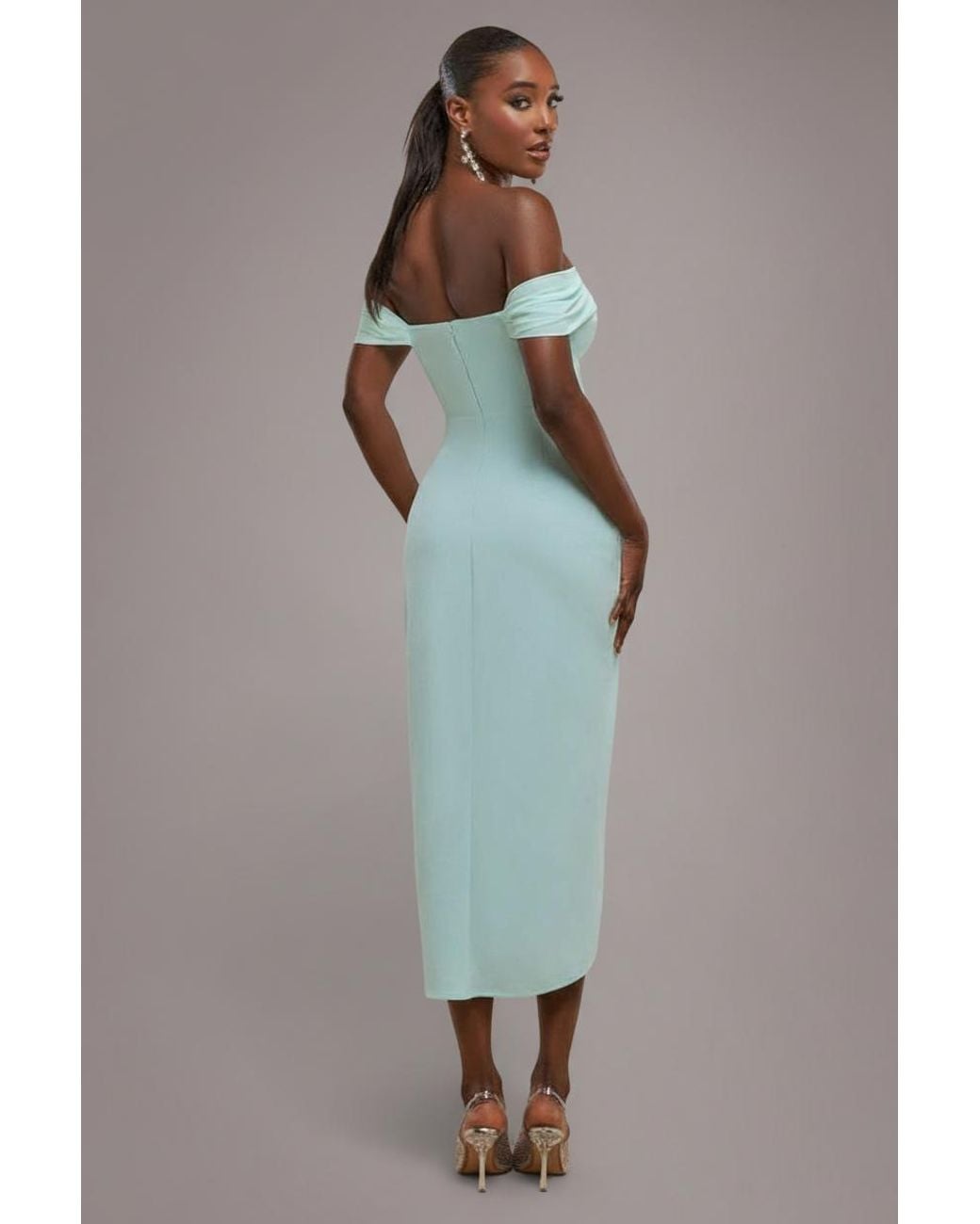 Goddiva Blue Off The Shoulder Chiffon Wing Scuba Crepe Midi Dress