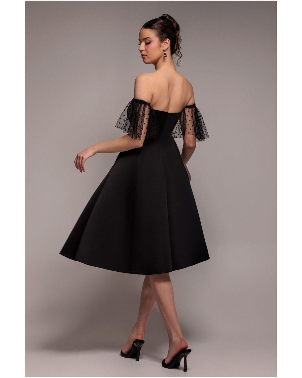 Goddiva Black Scuba & Polka Mesh Off The Shoulder Midi Dress