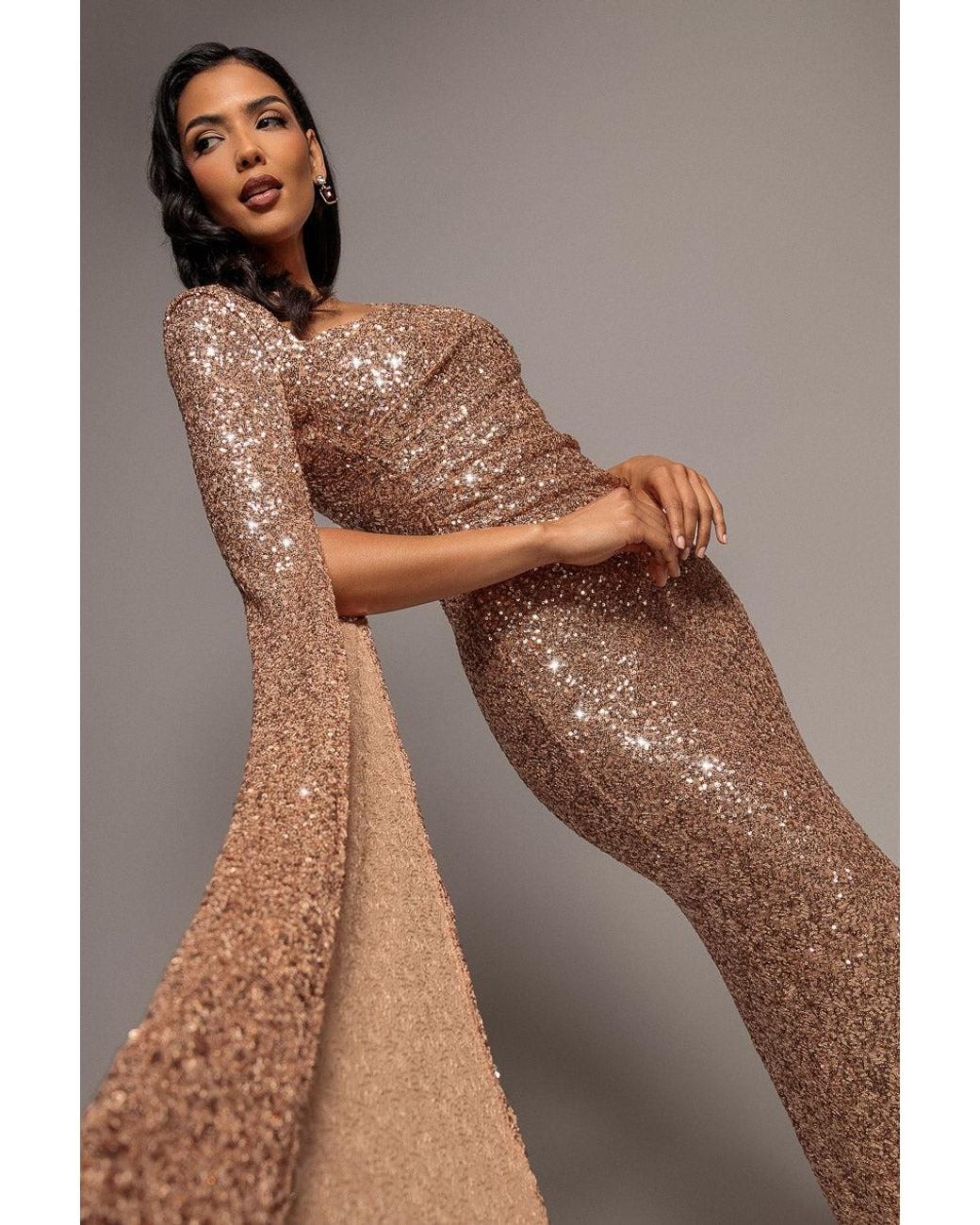 Goddiva Brown One Side Cape Sleeve Sequin Maxi Dress