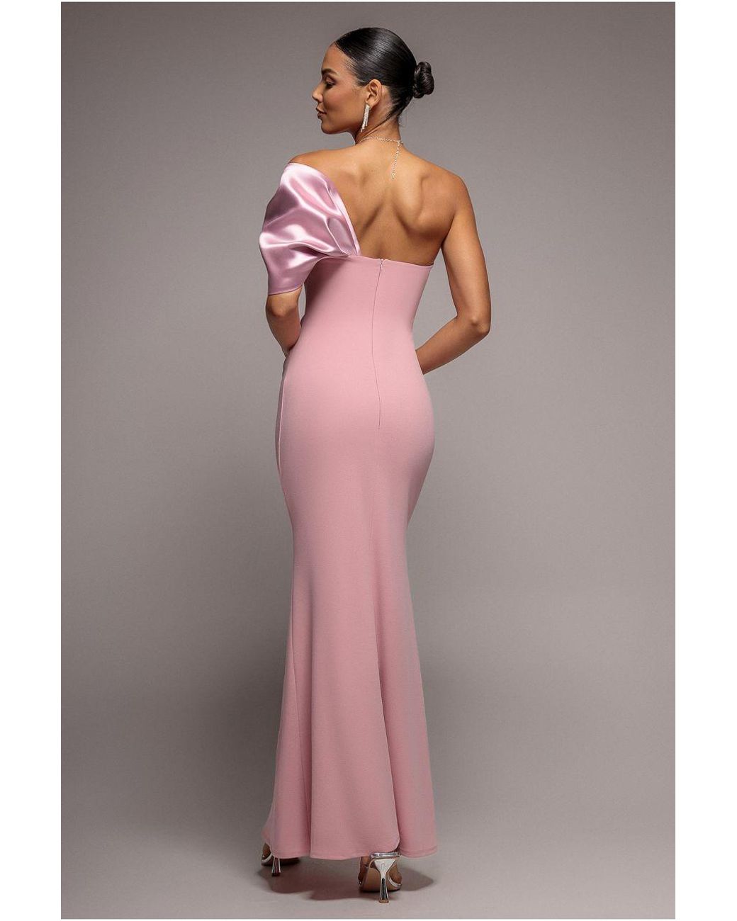 Goddiva Pink Off The Shoulder Satin Bow Neck Maxi Dress
