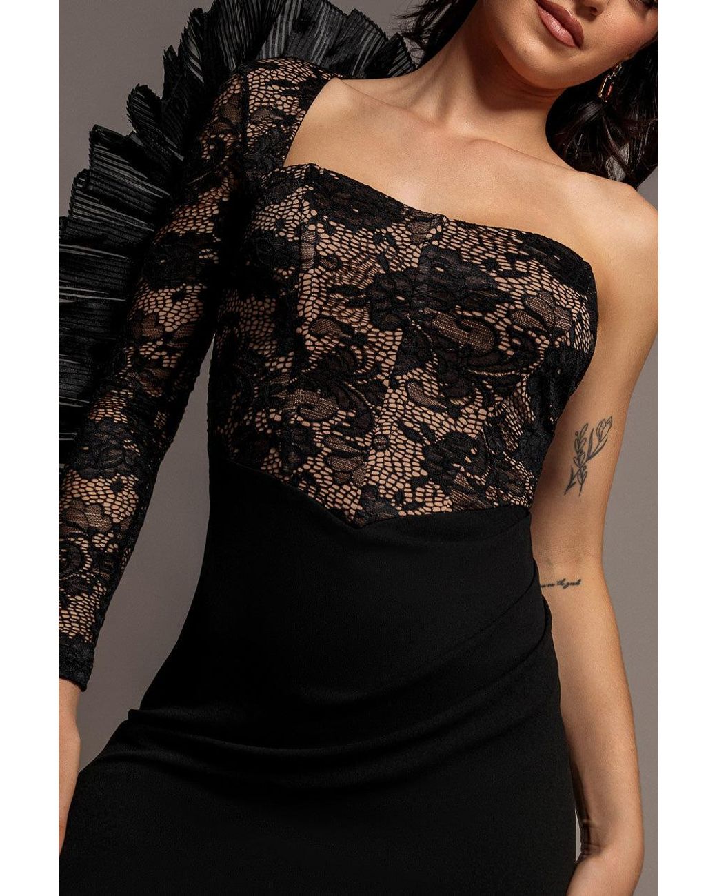 Goddiva Blue One Shoulder Organza Fan Detail Lace Bodice Maxi Dress