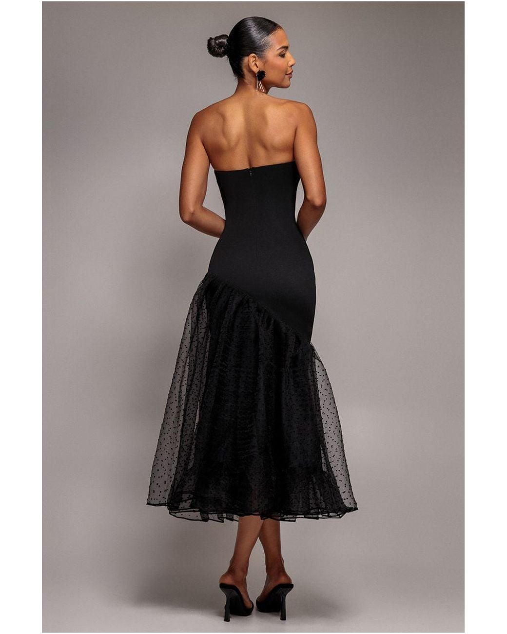 Goddiva Black Strapless Asymmetric Tiered Midaxi Dress
