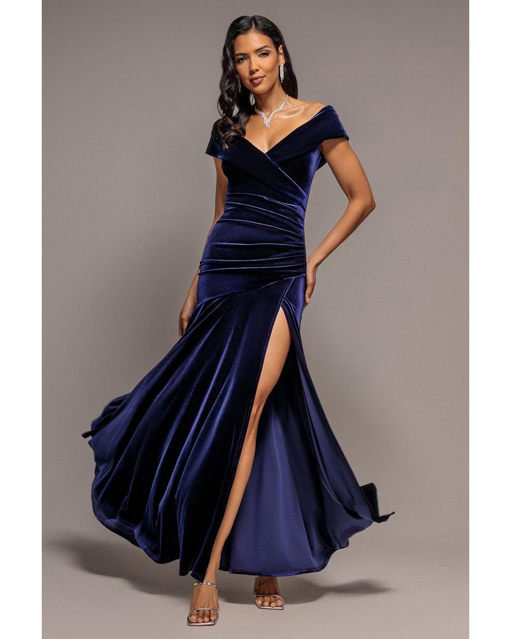 Goddiva Blue Velvet Off Shoulder Pleated A Line Maxi Dress
