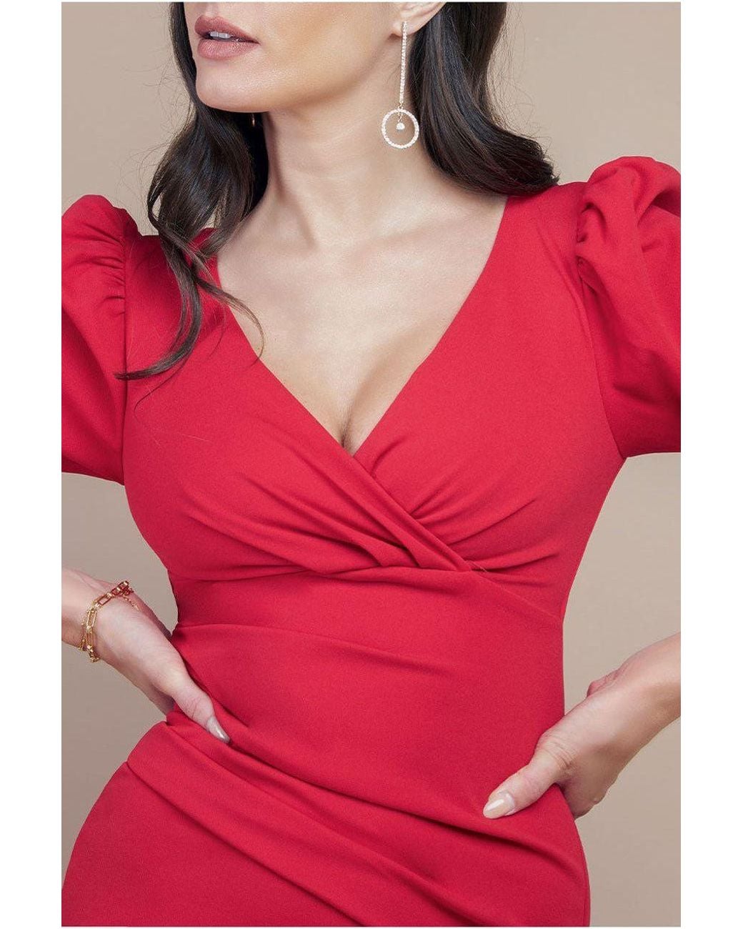 Goddiva Red Front Wrap Pleated Scuba Maxi Dress