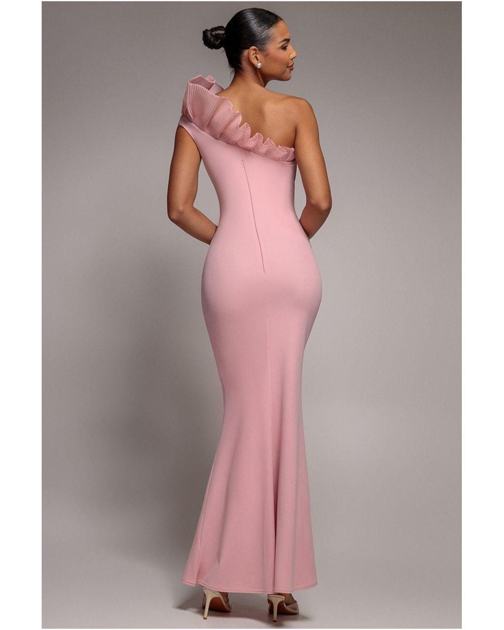 Goddiva Brown One Shoulder Organza Frill Pleated Mermaid Maxi Dress