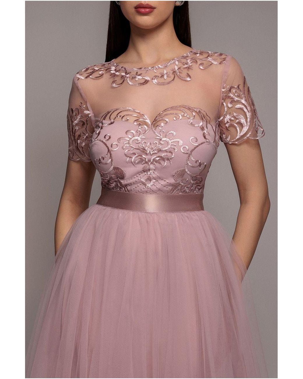 Goddiva Pink Embroidered Mesh Maxi Dress