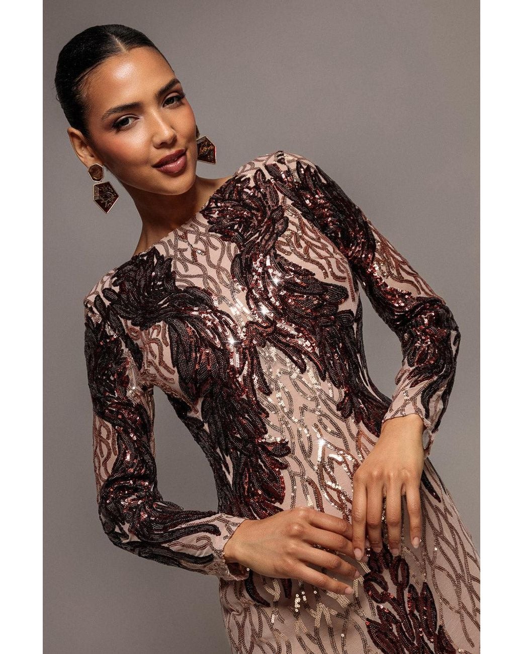 Goddiva Brown Boat Neck Full Sleeve Sequin Midi Dress