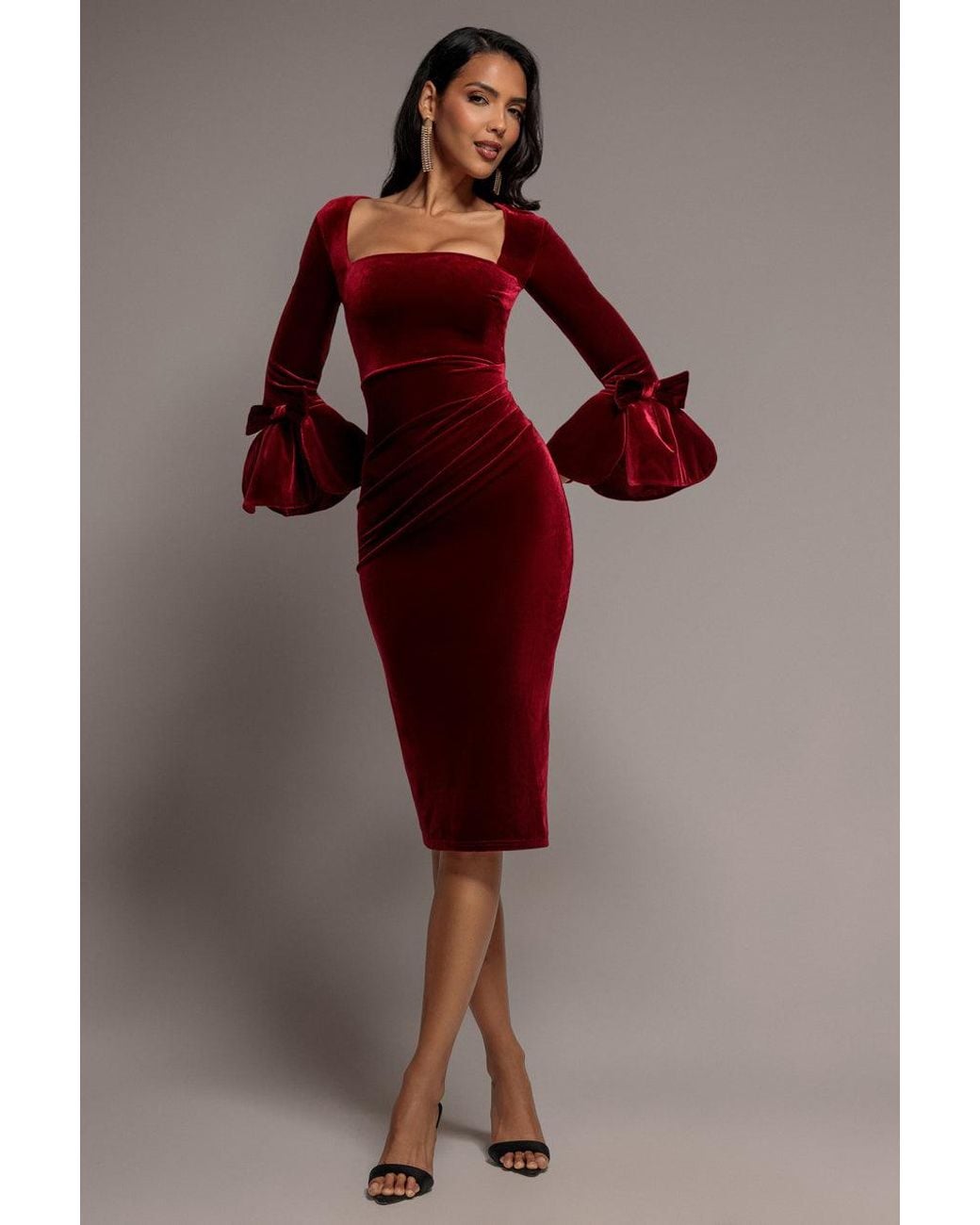 Goddiva Red Petal Bow Sleeve Frill Velvet Midi Dress