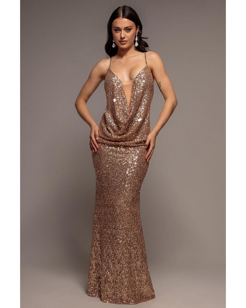 Goddiva Brown Plunge Cowl Criss Cross Back Sequin Maxi Dress