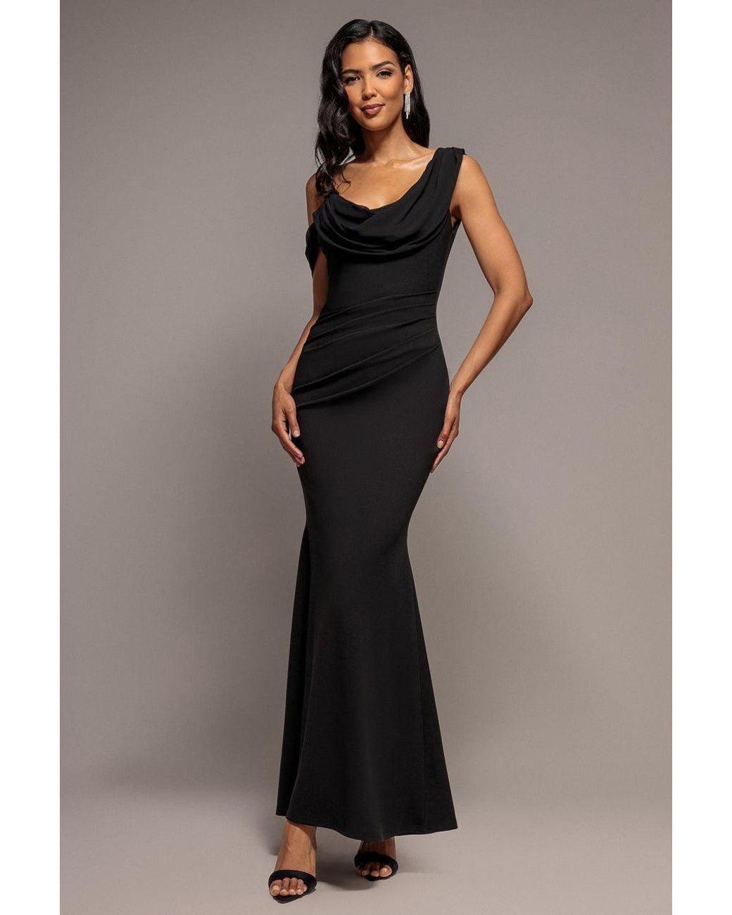 Goddiva Brown Cowl Neck One Shoulder Scuba & Chiffon Maxi Dress
