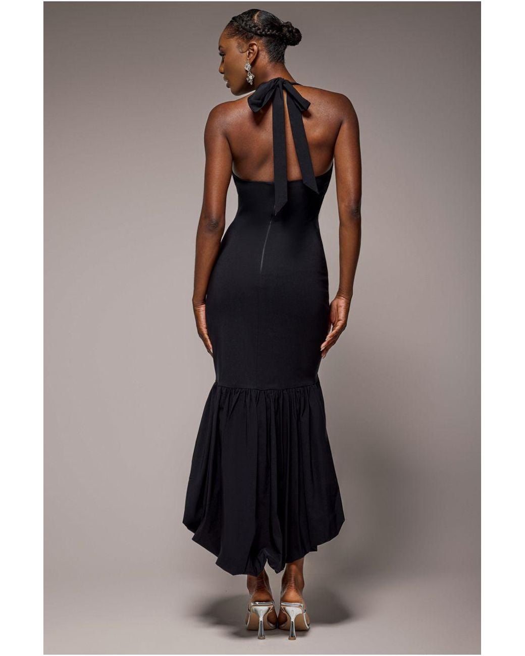 Goddiva Black Halter Neck Puff Hem Mermaid Midaxi Dress