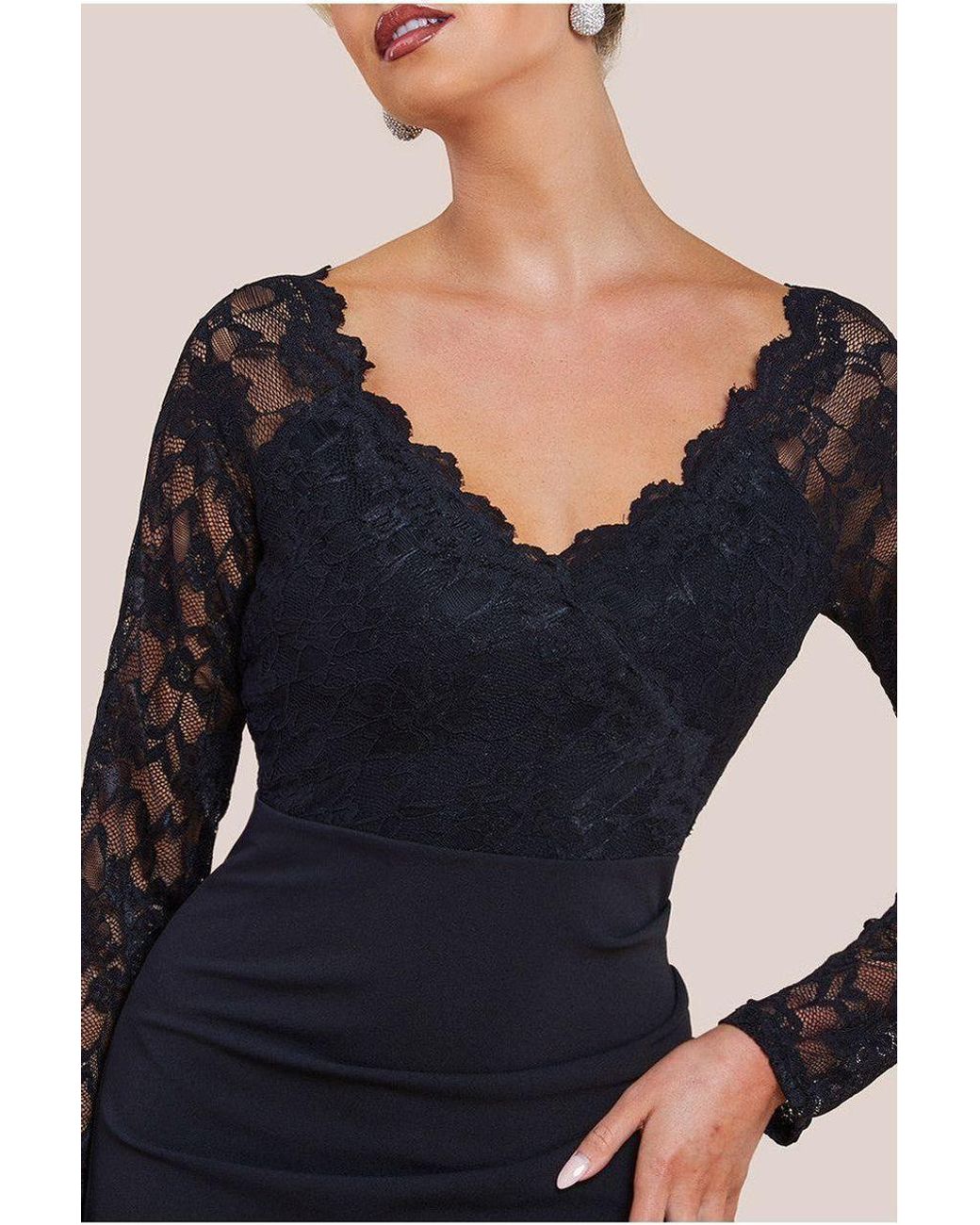 Goddiva Blue Scalloped Lace & Scuba Maxi Dress