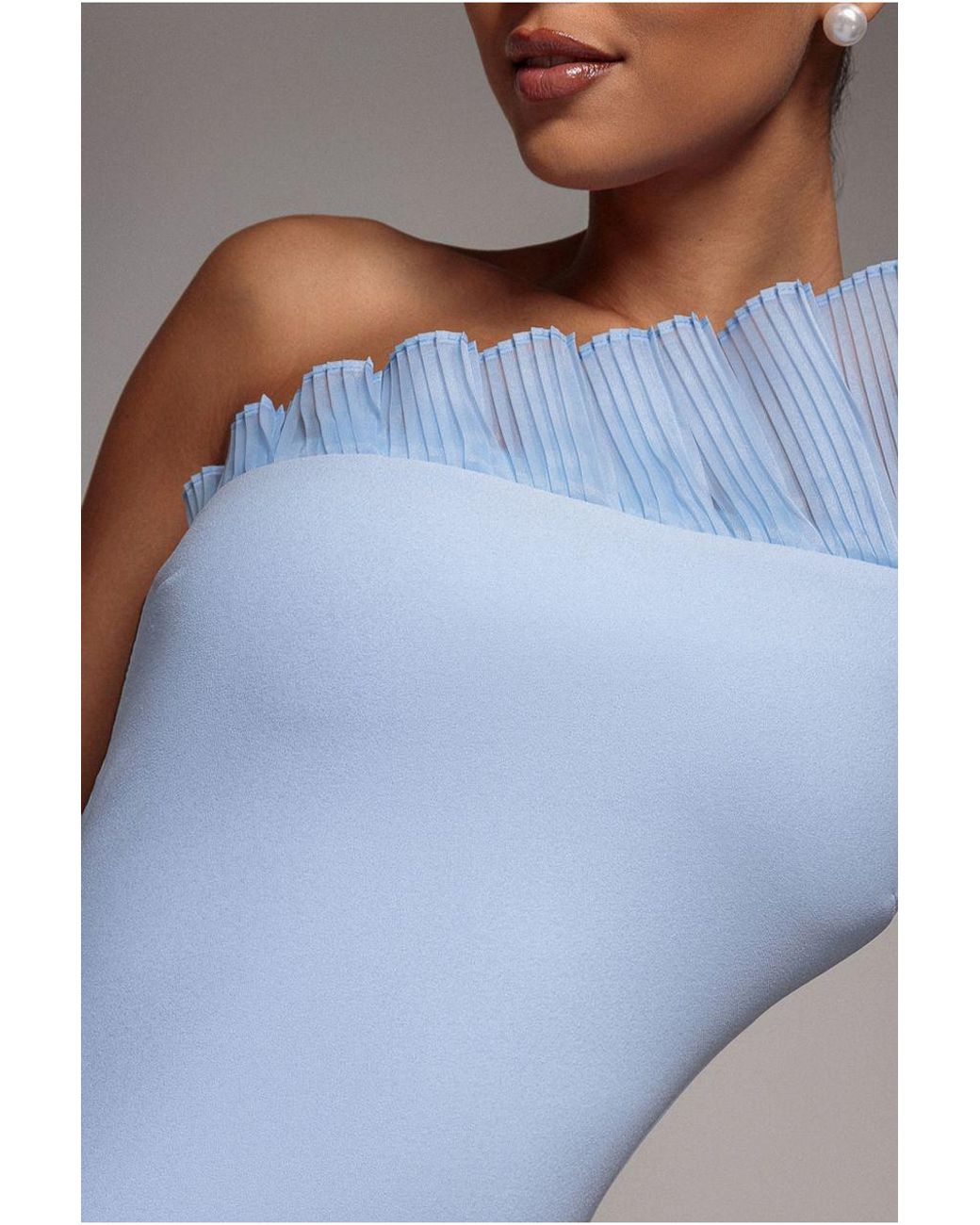 Goddiva Blue One Shoulder Organza Frill Pleated Mermaid Maxi Dress
