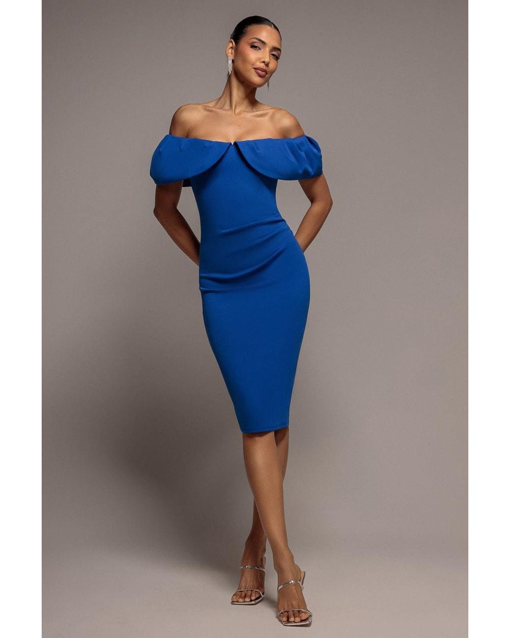 Goddiva Blue Scuba Crepe Pleated Bardot Midi Dress