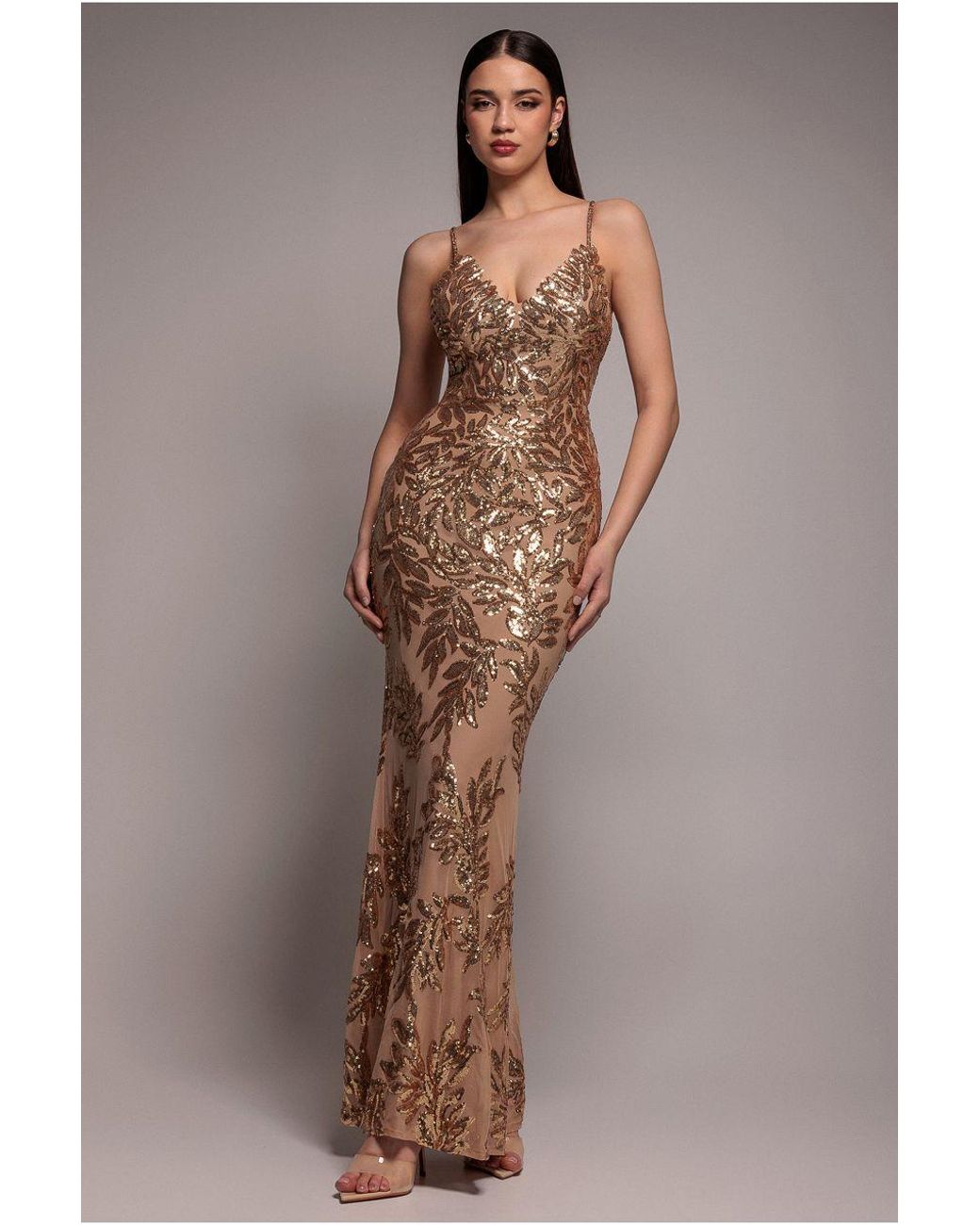 Goddiva Pink Diamante Strap Sequin Maxi Evening Dress