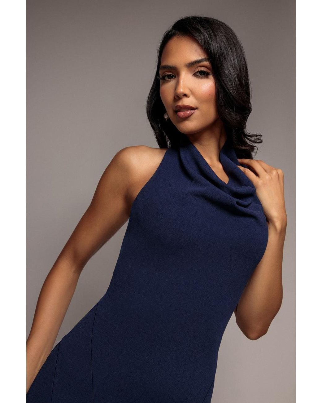 Goddiva Blue Halterneck Cowl Neck Backless Scuba Crepe Maxi Dress
