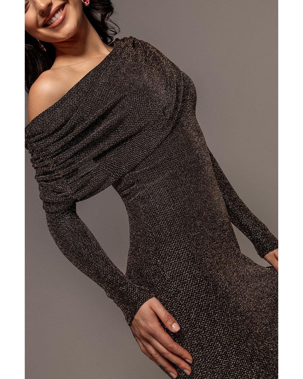 Goddiva Brown Off Shoulder Gathered Bardot Asymmetric Lurex Maxi Dress