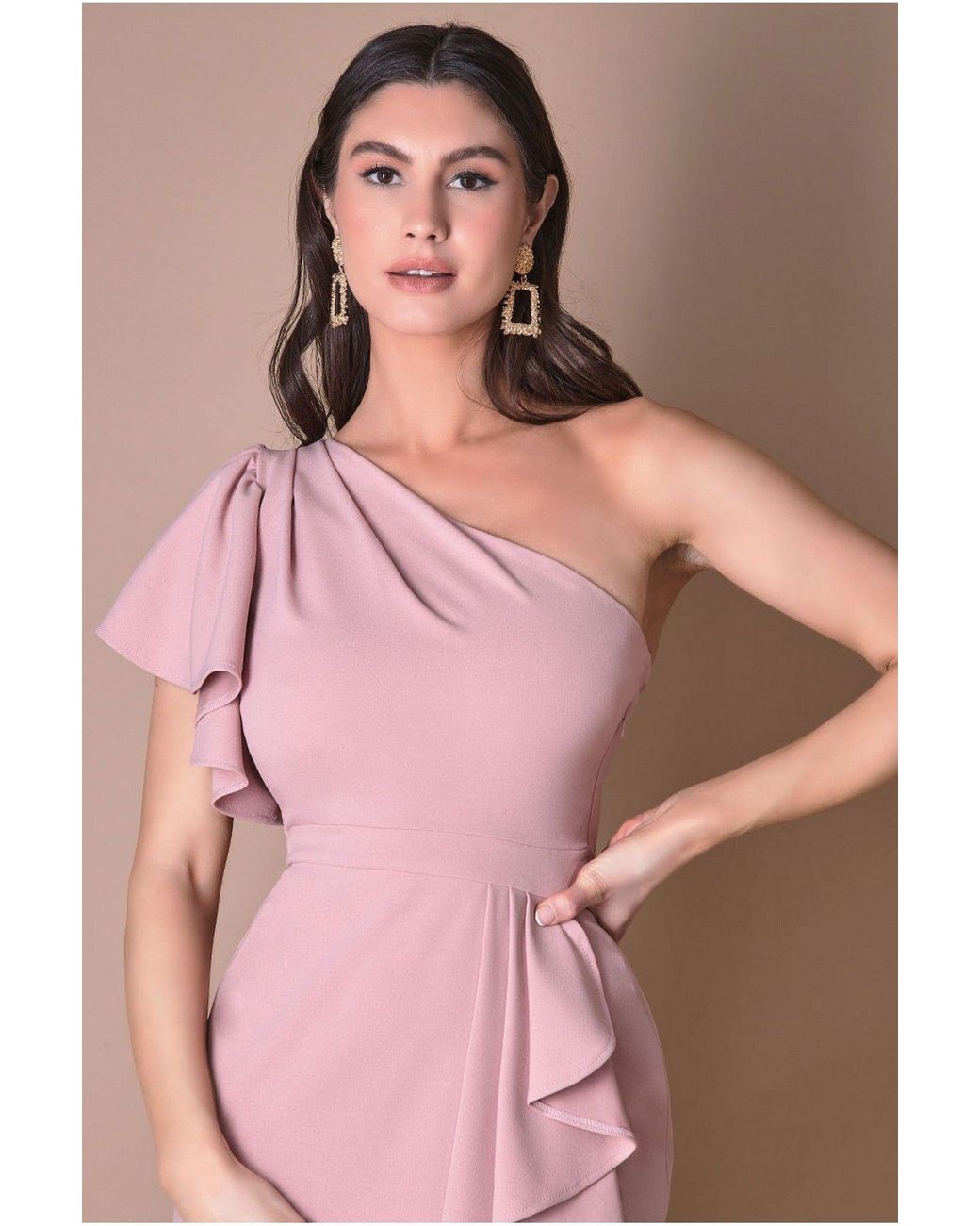 Goddiva Pink Waterfall Sleeve Wrap Midi Dress