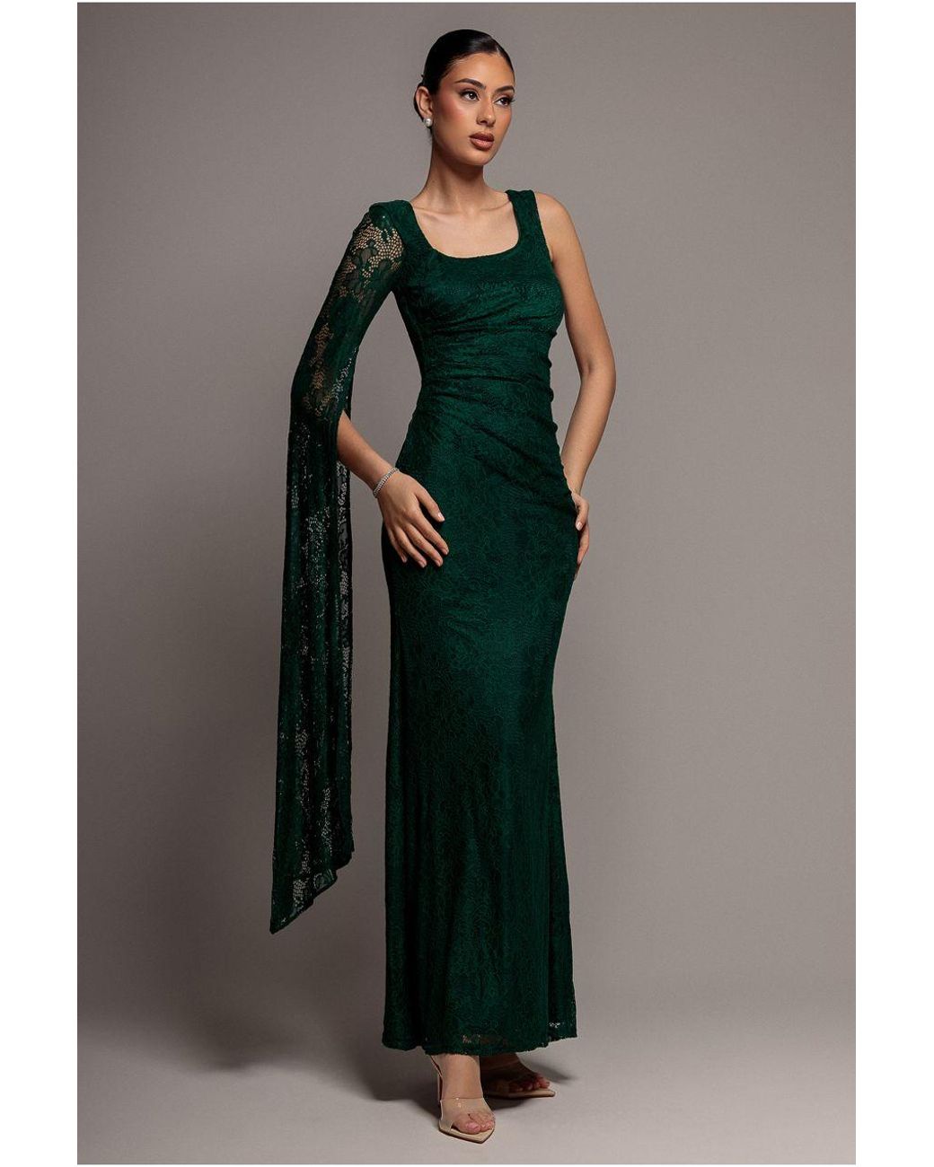 Goddiva Green One Shoulder Cape Sleeve Pleated Lace Maxi Dress