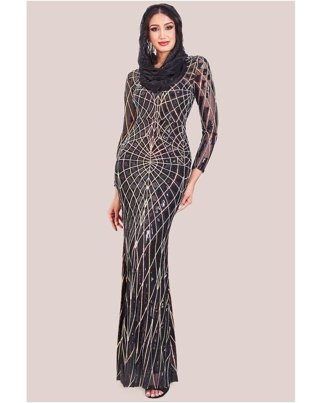 Goddiva Black Modesty Geo Sequin Maxi Dress