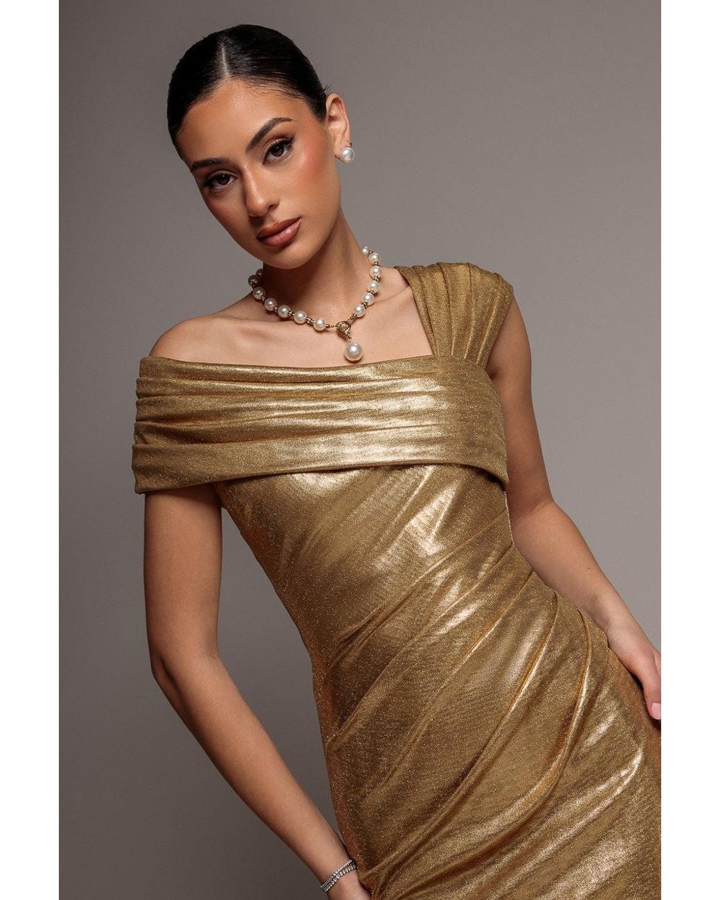 Goddiva Brown One Shoulder Asymmetric Foil Scuba Maxi Dress